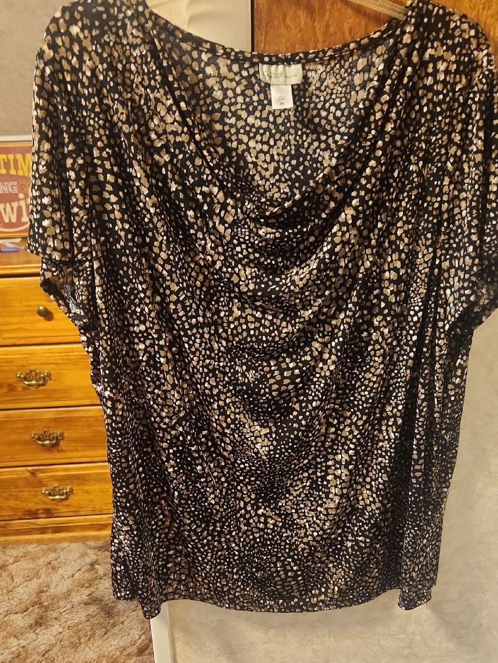 Draped Neck Short Sleeve Blouse in Black with Beige Spot Print XXL LIST#32